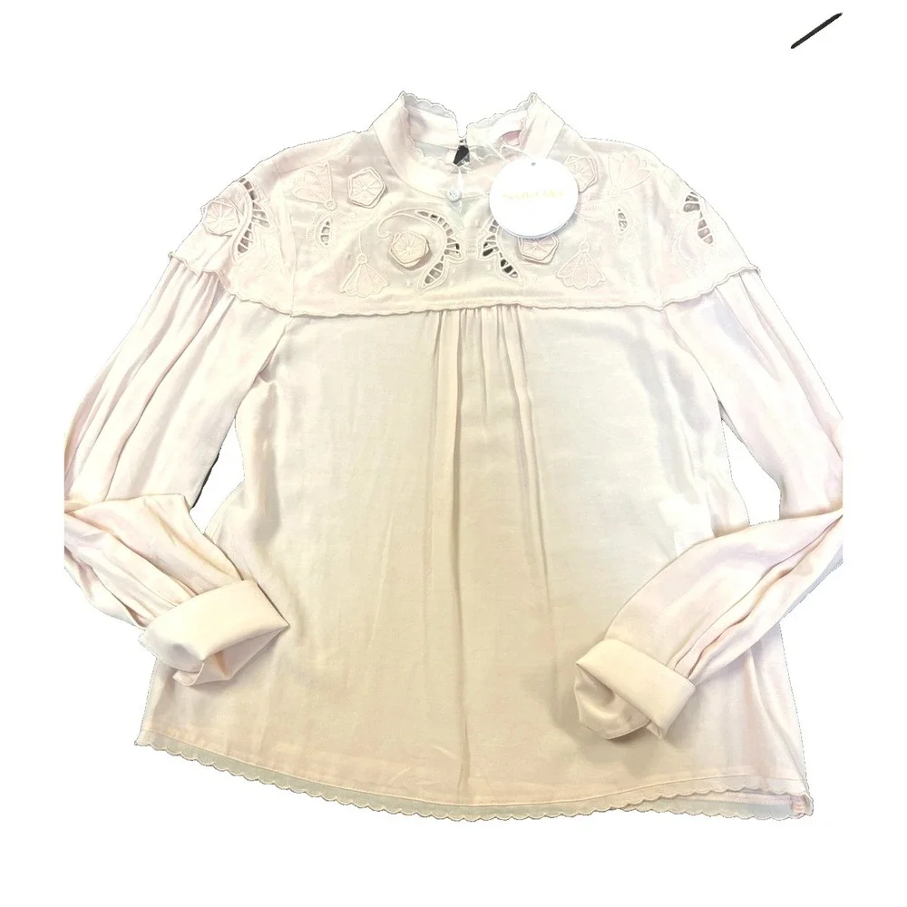 NWT See by Chloe Pullover Blouse Smoky Pink Embroidered Yokes Long Sleeve SZ 36